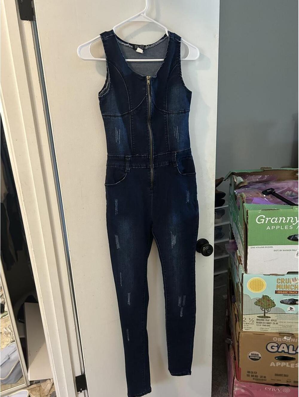 New Look navy blue denim jumpsuit with distressed details, size US10